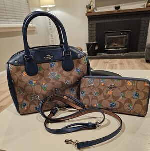 Coach Floral Embroidered Brown and Blue Handbag Set